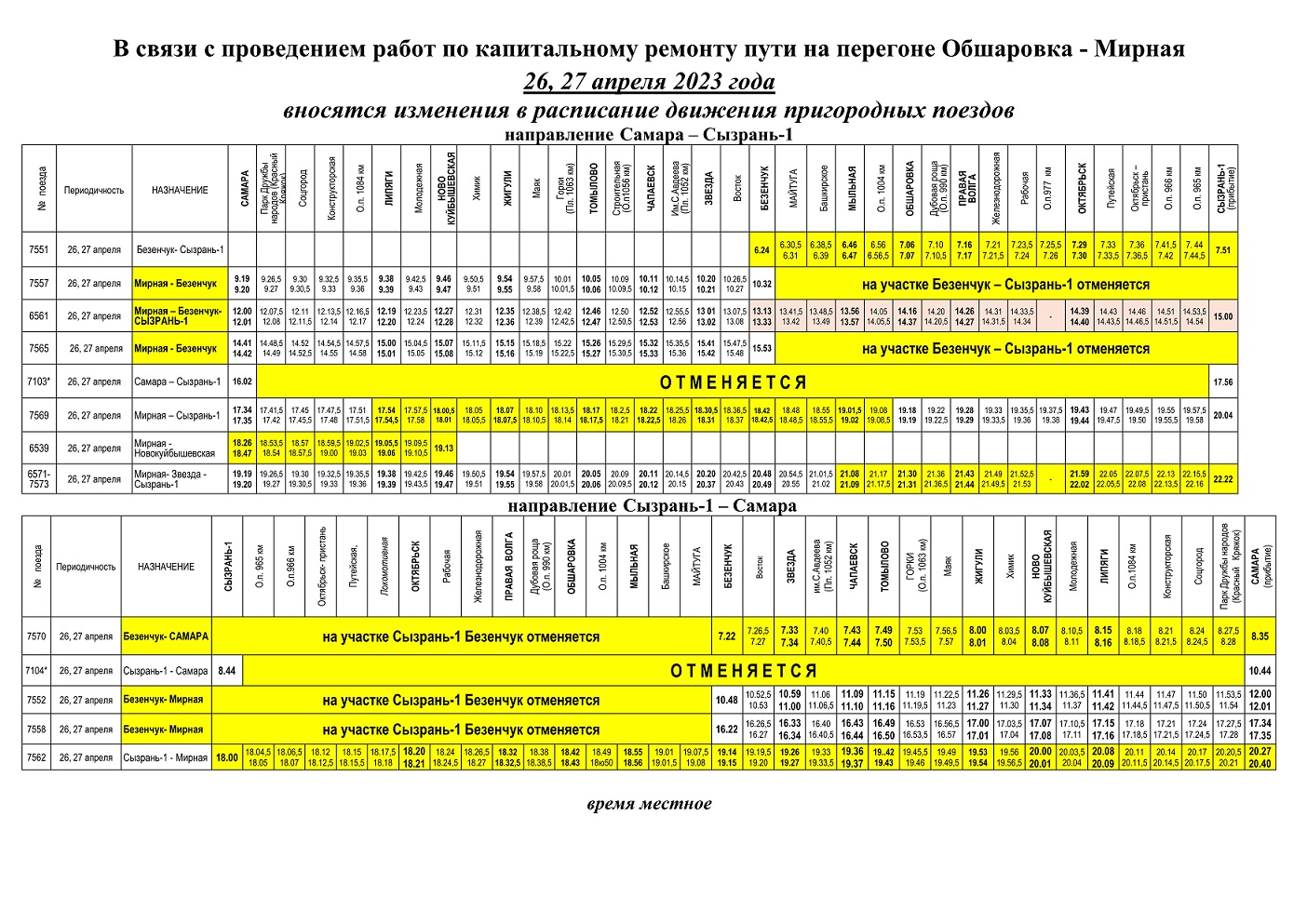 Расписание электричек из Мирной в Самару и Сызрань изменили 26 и 27 апреля  2023 года | 25.04.2023 | Самара - БезФормата